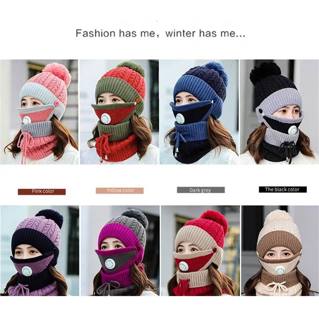 Шапка, шарф, маска, 3 комплекта, Женская Осенняя зимняя Корейская версия, теплая шерстяная вязаная шапка, плюс бархатная утолщенная велосипедная защита для ушей