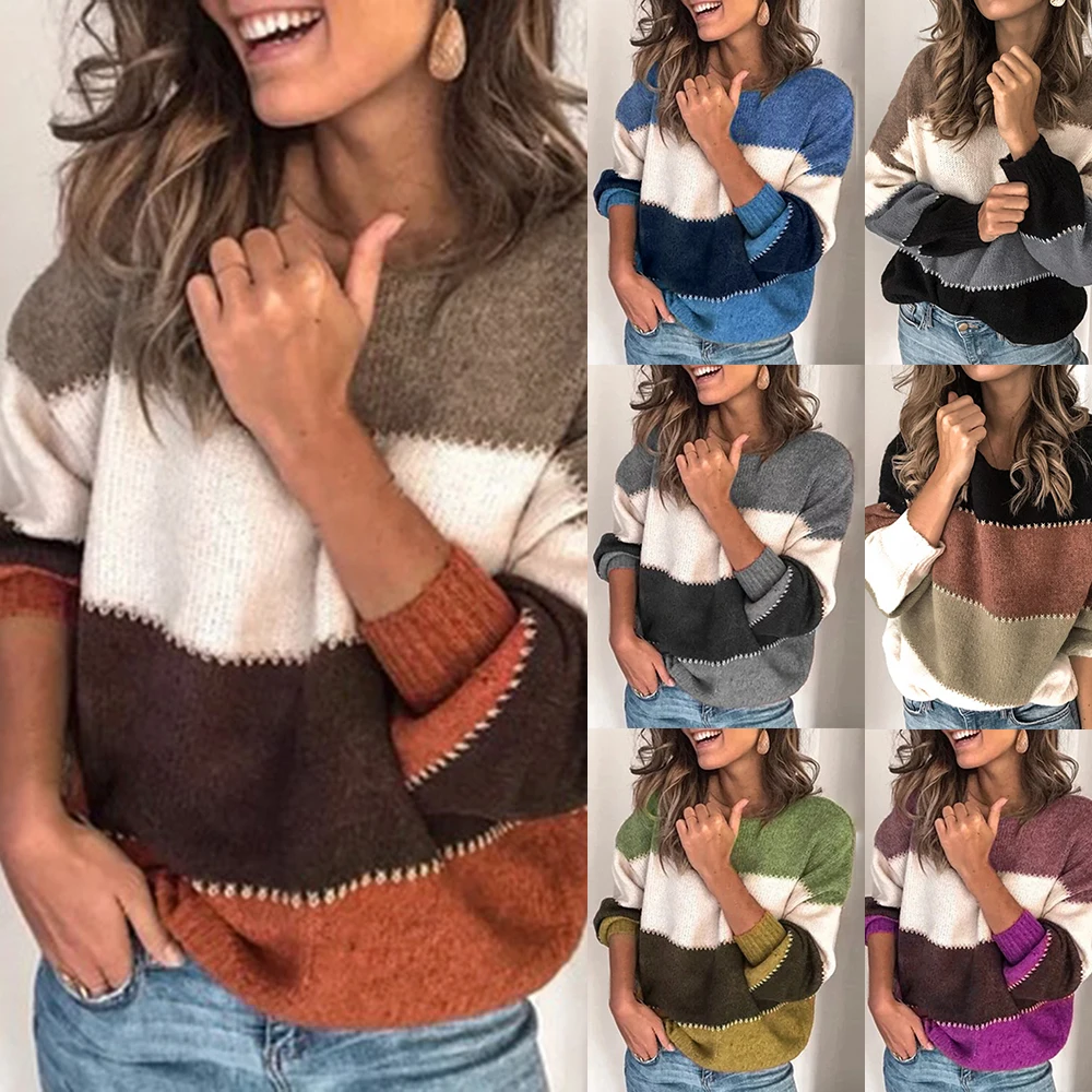 Adisputent 2020 New Spring Female Casual Patchwork Sweater Women O-neck Long Sleeve Knitted Pullover Female Loose Stripe Jumper