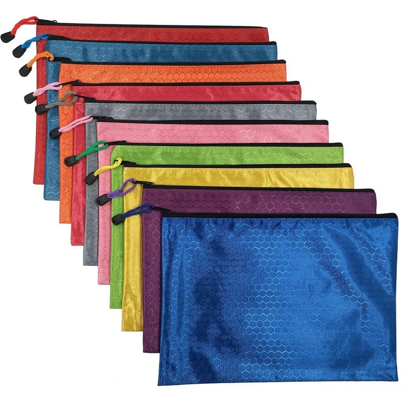 

10Pcs Waterproof Zipper File Bags-A4 Size Oxford Office Filing Documents Storage Folder, Cosmetics Offices Supplies Travel Acces