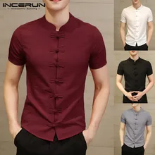 INCERUN camisa tradicional china para hombres, elegante camisa de manga corta con cuello levantado Vintage, camisas de vestir informales ajustadas sólidas para hombres, camisa