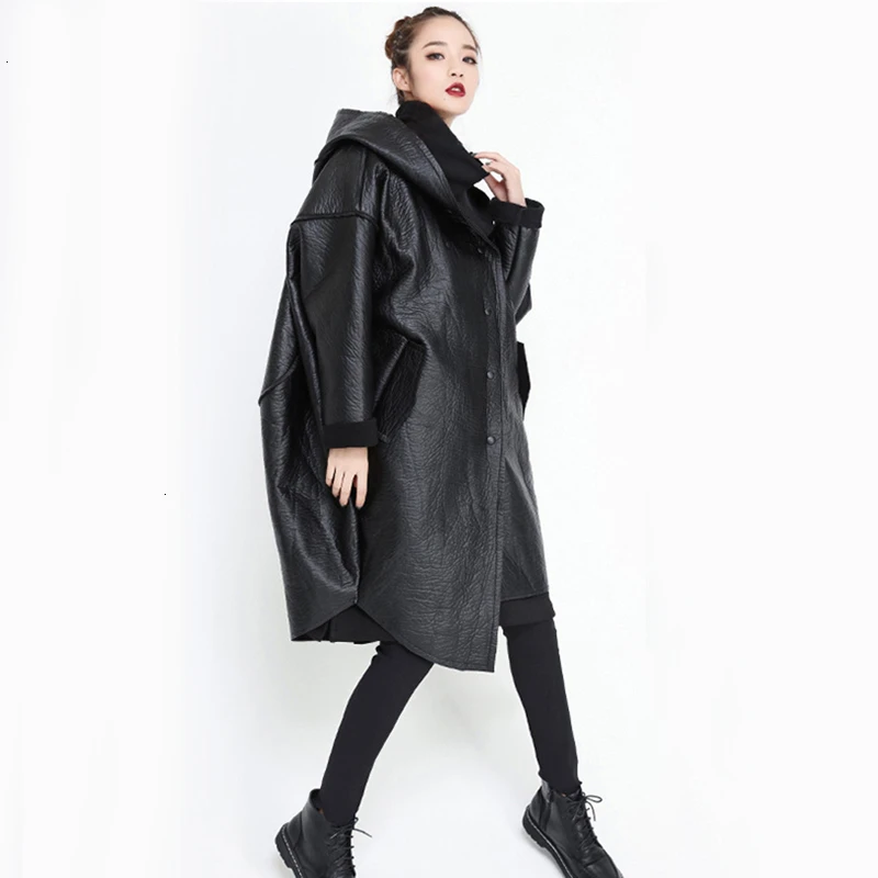 TWOTWINSTYLE, свободный крой, с капюшоном, черная, из искусственной кожи, толстая, большой размер, куртка, новинка, длинный рукав, Женское пальто, модное, Осень-зима