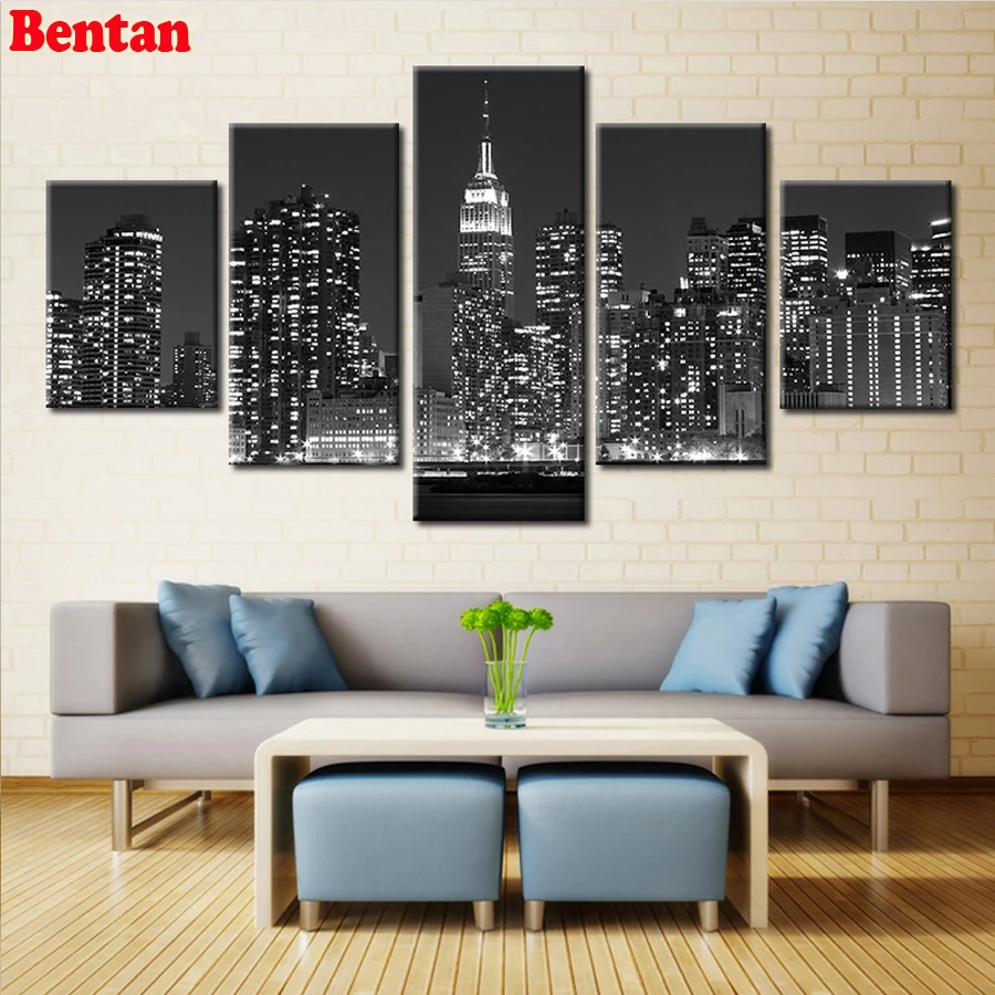 diy daimond painting 5pcs full square drill Black And White City Night Building landscape diamond art stitch Living room decor | Дом и сад