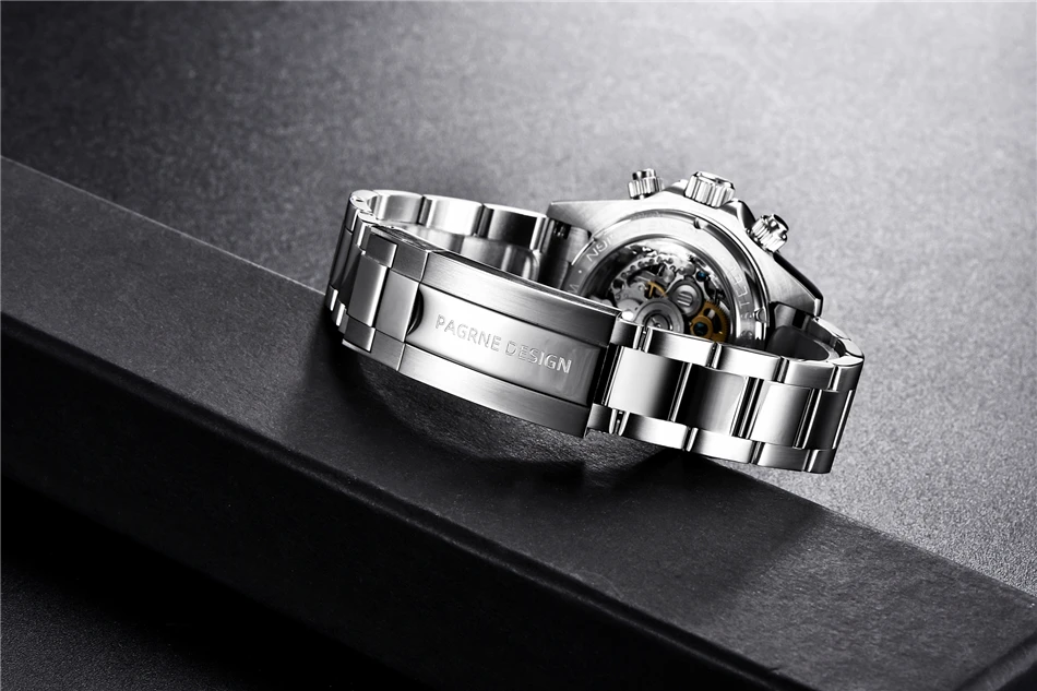 PAGRNE DESIGN Luxury Sapphire Glass Mechanical Watch Men's Sports Stainless Steel Automatic Waterproof Watch Reloj Hombre