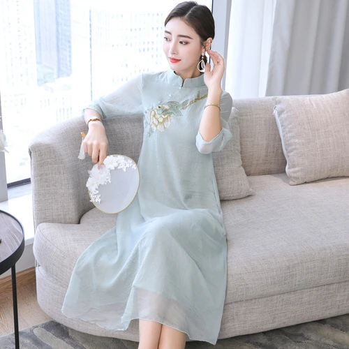 

2019 Spring Summer New Chinese Improvement Cheongsam Hand Painted Peony Flower Female Dress Stand Collar Xl Temperament Dresses
