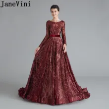 JaneVini Дубай винно-красные длинные вечерние платья в мусульманском стиле с длинным рукавом Бордовое платье с блестками с коротким шлейфом арабские вечерние платья