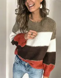 2019 Новая мода женщин o-образным вырезом полосатый трикотажный свитер джемпер с длинным рукавом дамы свитер пуловер Блузки свитера Топы