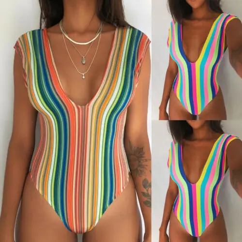 

2019 New Striped Rainbow Style Women One-Piece Swimsuits Swimwear Padded Bra Bandage Plus Size Swimsuits Beachwear Bathing Suits