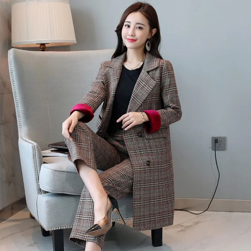 

European Style Womens Office Suit Fashion Autumn Winter Two Piece Set Double Breasted Slim Plaid Blazer Long Pants Plus Size 4XL