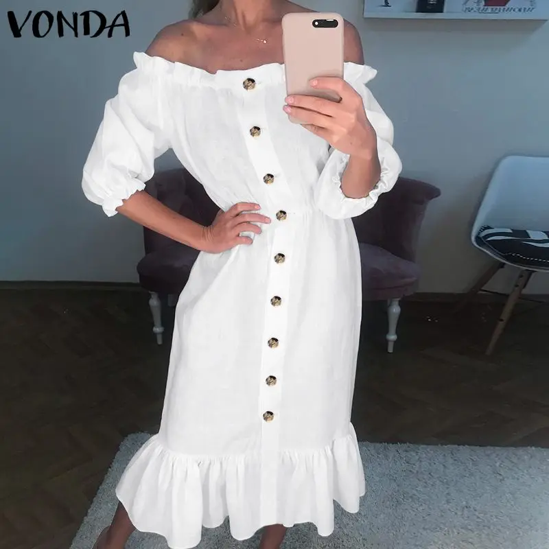 

Party Dress 2020 VONDA Woman Summer Sundress Off the Shoulder Vestidos Female Butterfly Sleeve Bohemian Long Dress Plus Size