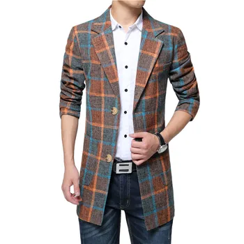 

Autumn men's tartan windbreaker casual long wool coat men Blends fashion thick warm men's Plus size S-6XL