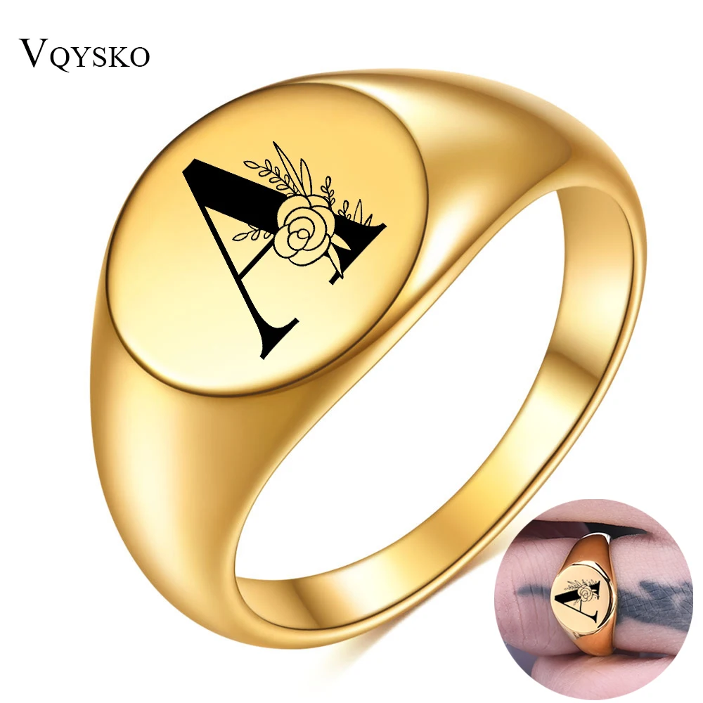 Women Men Flower A-Z Letter  Gold Color Finger Ring Initials Name Alphabet Female Party Chunky  Rings Stainless steel  Jewelry dascusto custom projection ring adjustable size rose rings elegant jewelry gift for female friends and mothers personality gifts