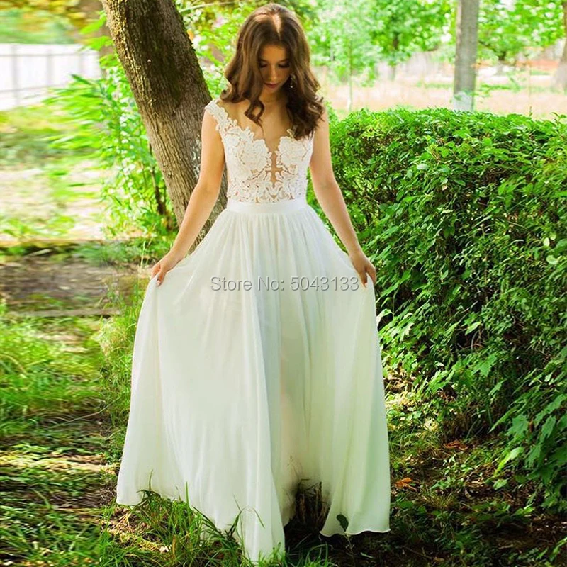 Boho свадебный наряд кружевное, из легкой ткани, с аппликацией пробка Свадебные платья без рукавов шифоновое платье трапециевидной формы свадебное платье в стиле кантри
