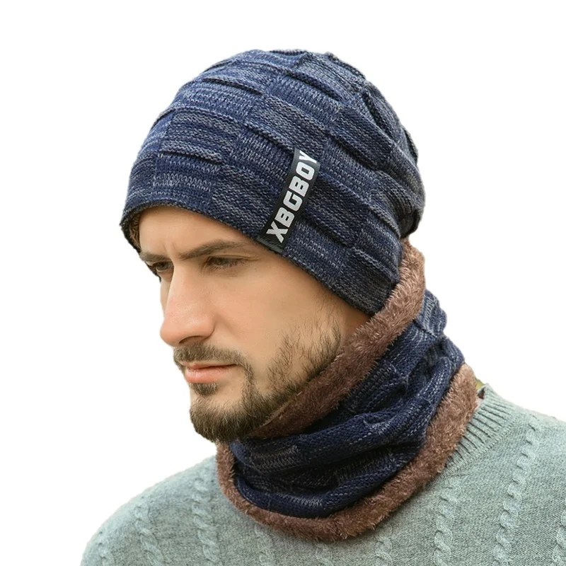 Браунинг Шапочка-шарф комплект Для мужчин осень-зима пушистый вязаный Кепки шеи Теплый головной убор - Цвет: 1