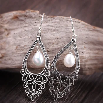 

direct selling Indonesia customs Thai silver handmade earrings S925 pure silver ornaments lady's pearl earrings