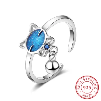 

Simple Cute Blue Cat Bead Tassel Adjustable Ring For Women Girl 925 Sterling Silver Ring anillos Bague mujer