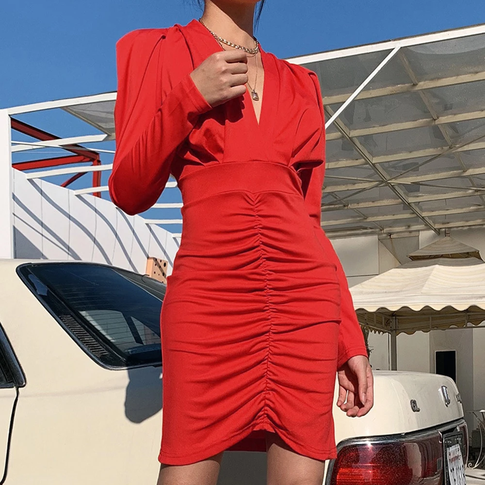 

Sexy Deep V-neck Wrap Midi Pleated Dress Woman Autumn Puff Long Sleeve Elegant Slim Solid Evening Party Bodycon Dresses Vestidos