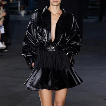 

Women Autumn Leather Dress Long Sleeve High Waist Sashes Tunic Casual Dress