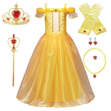 Модная детская одежда; коллекция года; платье принцессы «Белль»; элегантное рождественское платье для девочек; Рождественский костюм красавицы и чудовища на День Благодарения