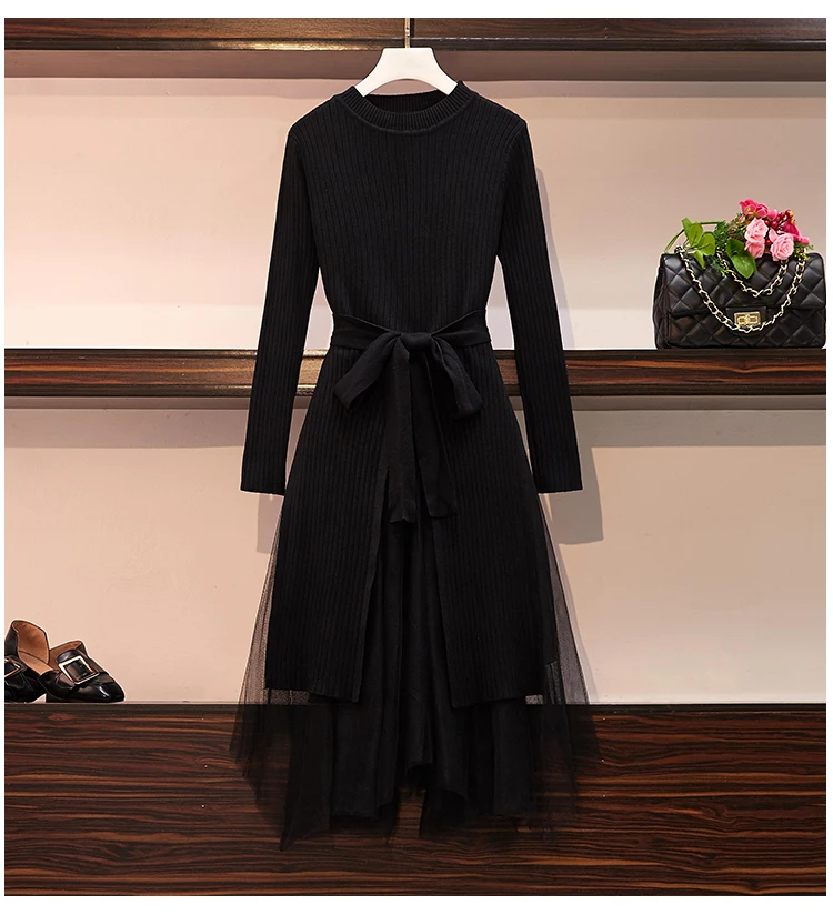 Black Большие размеры, L-4XL, большие женские модные длинные свитера с круглым вырезом, топы+ эластичные юбки с завышенной талией, осенне-зимние комплекты - Color: Black