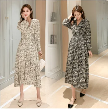 

Fashion 2020 Women's New Retro Floral Collection Waist Pleated V-neck Long Sleeve Dress with Long Bottoming Skirt Women