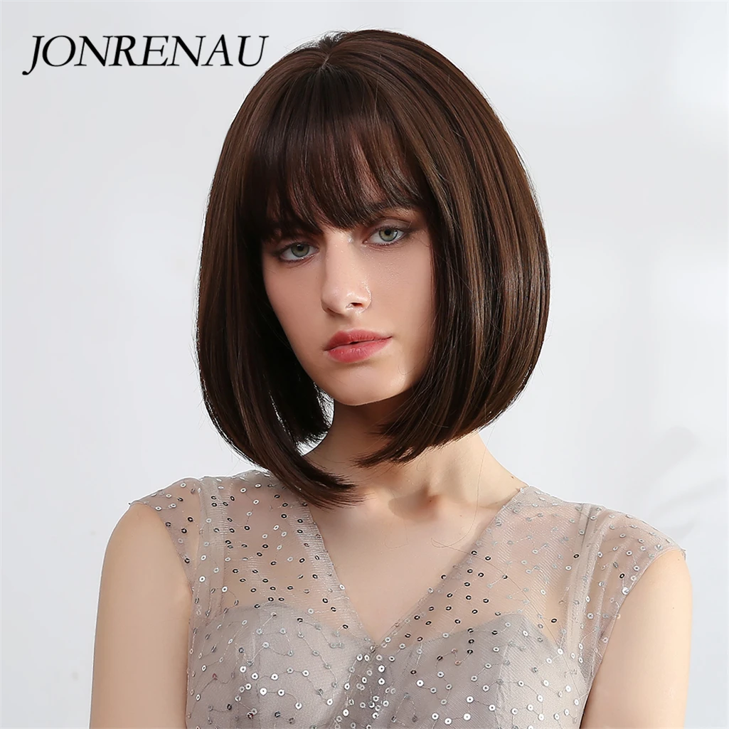 JONRENAU 12 inches Short Straight Synthetic Bob Wigs with Bangs for Women Fashion Pink Party Wig or Cosplay - Цвет: ss155