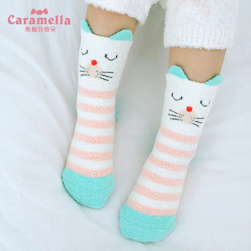Caramella/4 пары Зимние флисовые детские носки плотные теплые с объемными ушками лисы