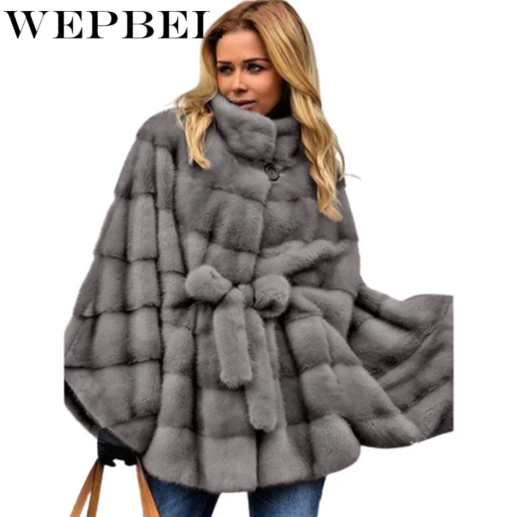 

WEPBEL Women's Stand Collar Loose Batwing Sleeve Waistband High Waist Fashion Coat Winter Solid Color Faux Fur Warm Coat