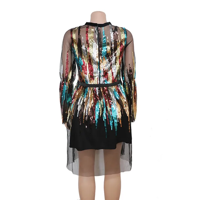 European and American style small round neck multicolored debris to engage in high quality sleeve mesh gauze A word dress Africa