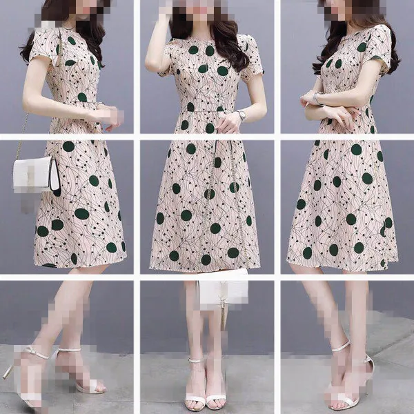 

WOMEN'S Dress Summer Wear Slim Fit High-waisted Mid-length Dress Women's Waist Hugging Polka Dot Hollow out Crew Neck Short Slee