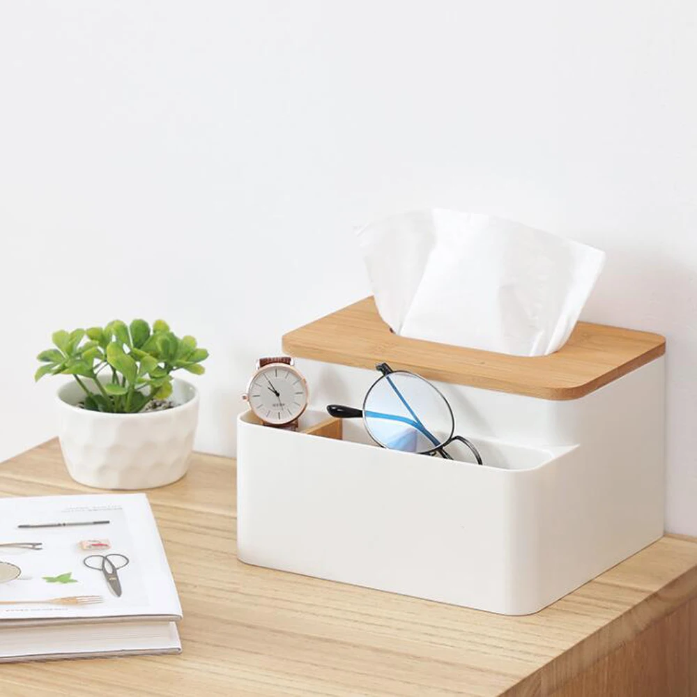 

Creaive Removable Bamboo Wood Cover Plastic Tissue Box Storage Organizer Fashion Tissue Case for Home Decoration