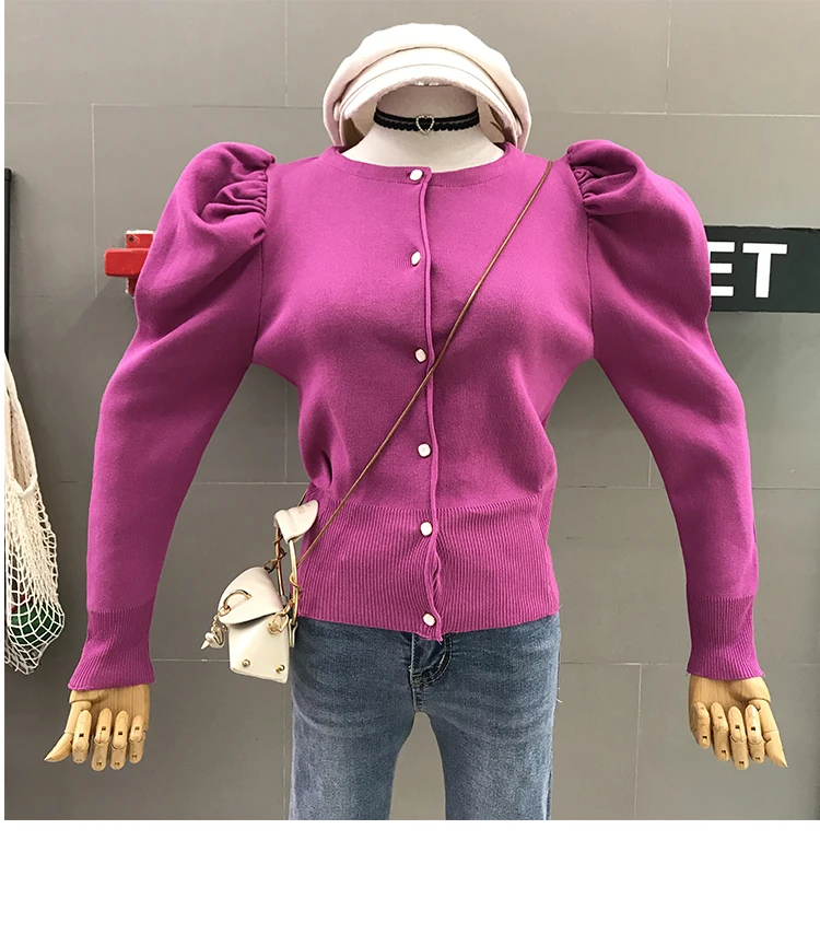 ALPHALMODA, новинка, однобортный женский кардиган с рукавом-фонариком, модный вязаный кардиган, однотонный Повседневный вязаный наряд на осень и зиму - Цвет: Фиолетовый