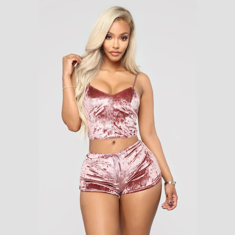 

Sexy Lingerie Women Silk Women's Pajamas Velvet Sleepwear Sexy Camisole Silky Smooth Shorts Sleeveless 2pcs Pajama Set Ladies