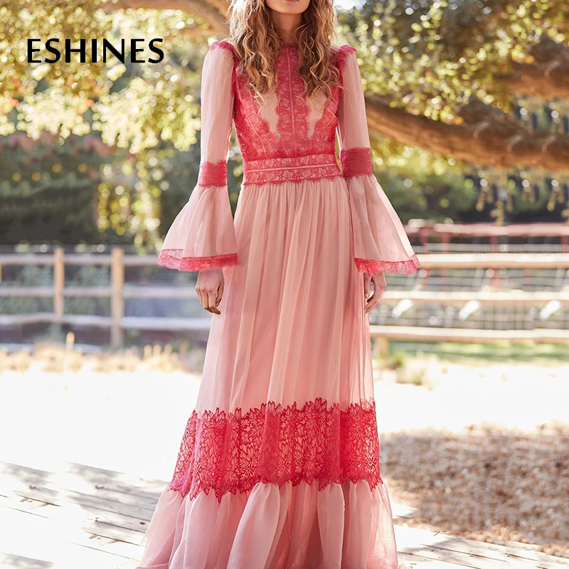 

ESHINES Early Autumn Vintage Long Dress Elegant Lace Patchwork O-Neck Flare Sleeve Pleated High End Designer Loose Hem Dress