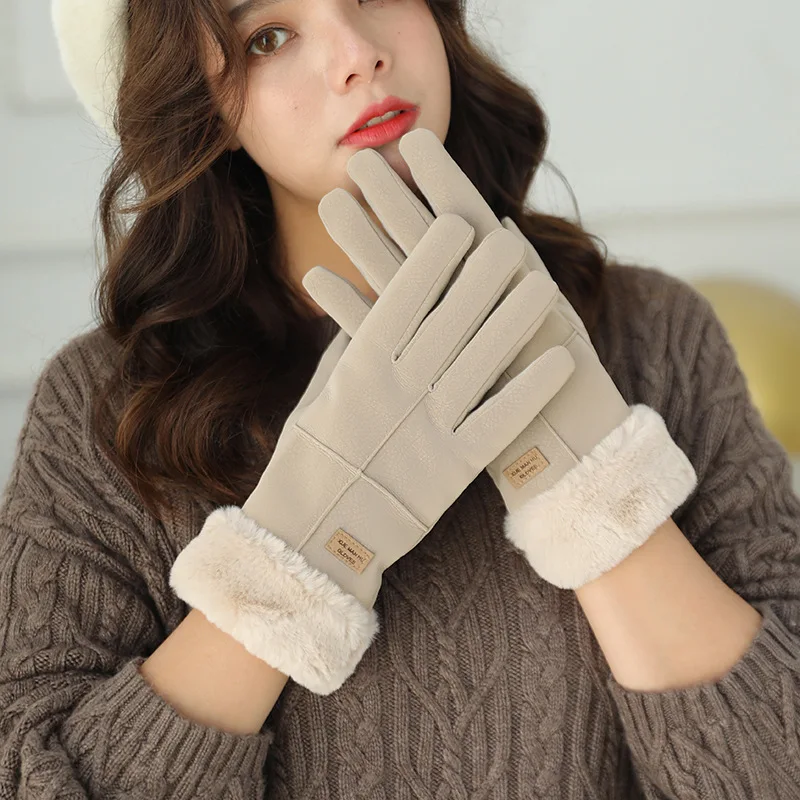 Зимние кожаные перчатки женские уличные теплые перчатки с сенсорным экраном Милые Розовые варежки из искусственного меха ветрозащитные водонепроницаемые перчатки