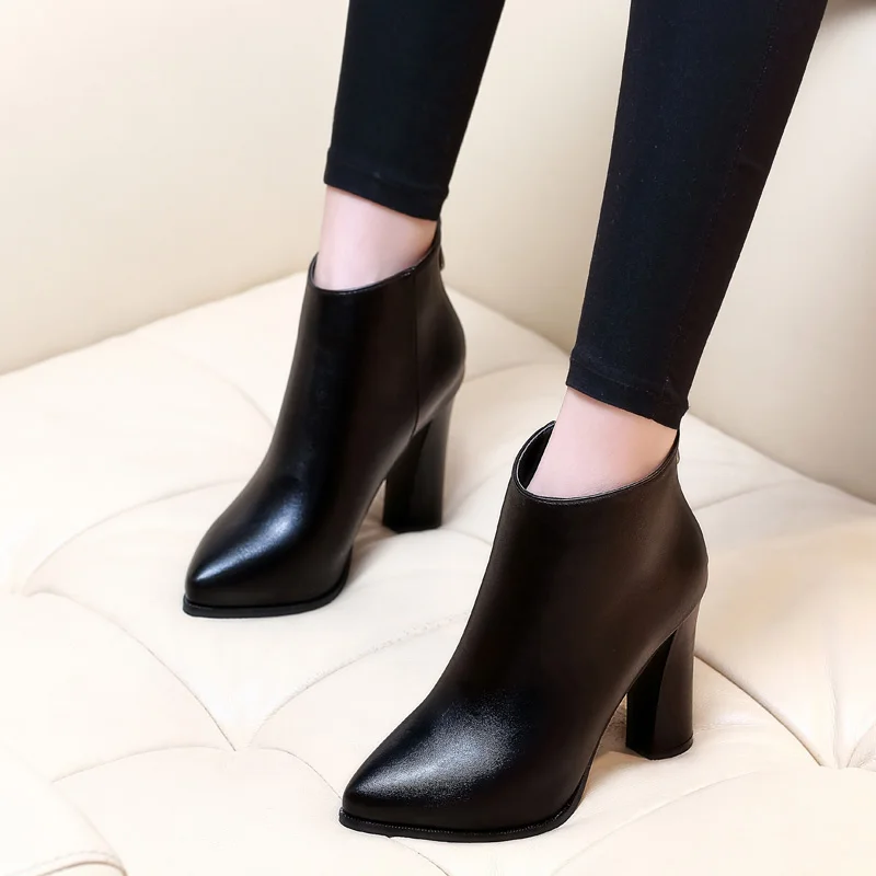 

2017 Autumn Spring Pointed Toe Genuine Leather Thick Heels Boots For Women Brand Designer Fashion Short Boots Shoes CH-A0009