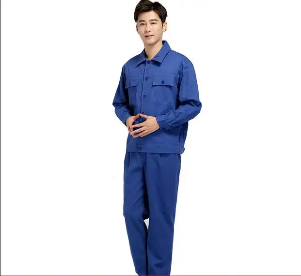 

Customize Men's Cotton Workshop Uniforms Blue Coat Long Trousers 2 Pieces Set Single Breasted Jacket Pants A24