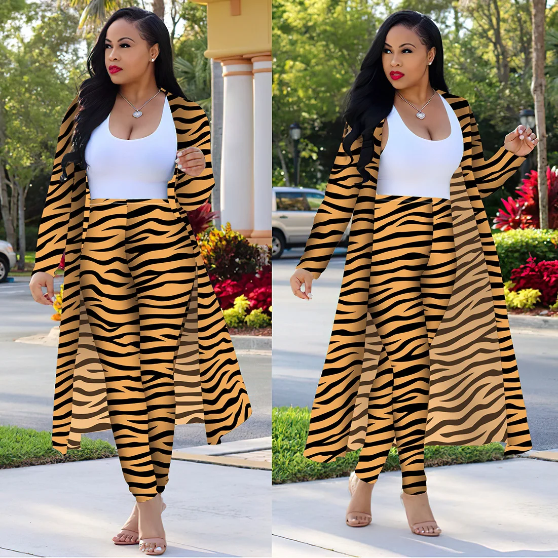 brown Сексуальный комплект из двух предметов в полоску, женский кардиган на лето и осень, длинный Тренч, топ+ облегающие штаны, костюм, повседневная одежда, наряд в стиле бохо - Цвет: brown