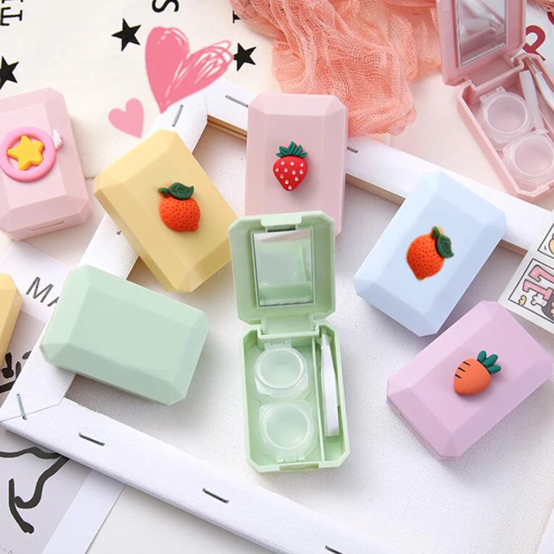 

2021 Cute Girl Fruit Contact Lens Case Box With Mirror Women Mini Square Lovely Eyes Contact Lens Container Box Bag Travel Kit