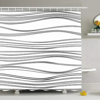 

Shower Curtain Set with Hooks 72x72 Texture White Graphic Horizontal Waves Backdrop Repetition Abstract with Seamless Trendy