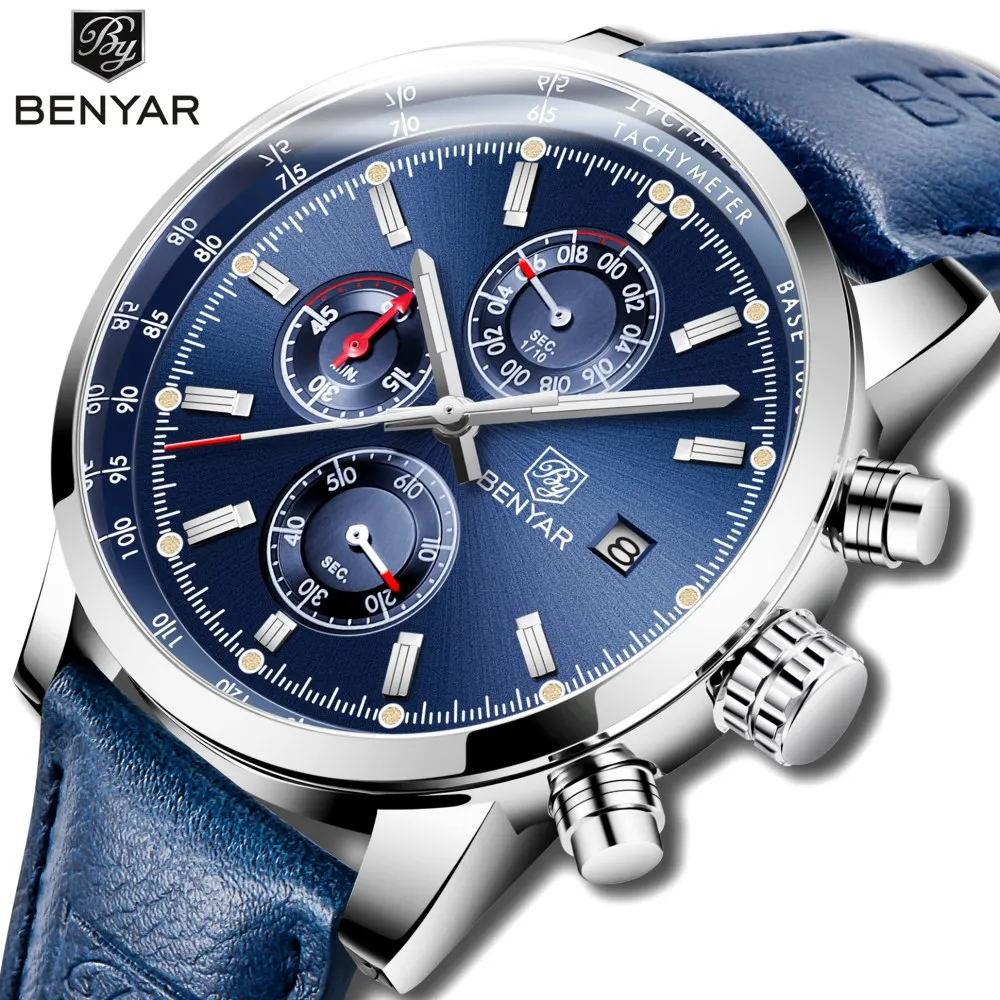 BENYAR часы мужские роскошные брендовые кварцевые часы с хронографом модные спортивные автоматические часы с датой кожаные мужские часы Relogio Masculino