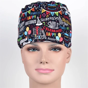

Birthday Nurse Work Hat Surgical Scrub Caps Hospital OR Skull Hats 100% Cotton with Sweatband Tieback Adjustable Chef Cap