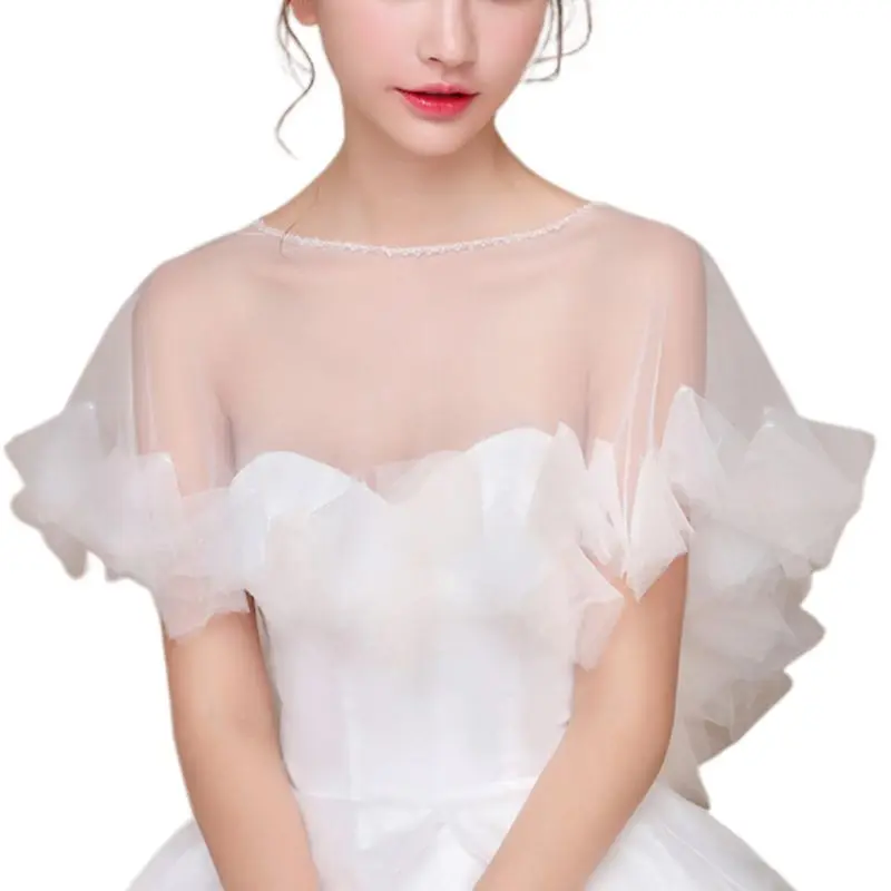 Womens Wedding Cape Sheer Tulle Trim Bridal Capelet 1920S Ladies Pullover Neck Shrug Wrap for Dress Cover Up