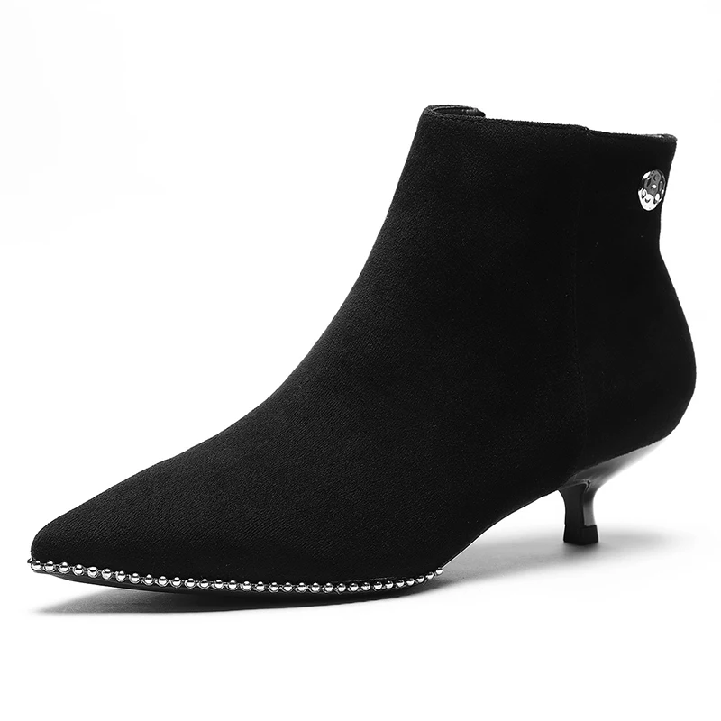 black fur lining2 Женские ботинки короткие ботильоны из флока на молнии на тонком каблуке, украшенные кристаллами; коллекция года; Сезон Зима; теплые плюшевые зимние ботинки; женская обувь; Новинка - Цвет: black fur lining2
