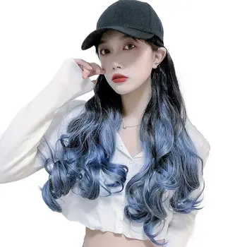 

Fashion Women Baseball Hat With Long Synthetic High Temperature Fiber Wig Large Wavy Curly Wigs