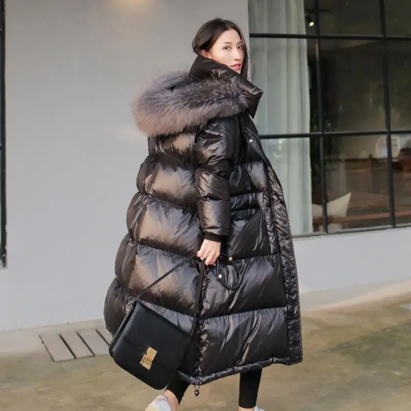 Высокая уличная Женская мода супер длинные пуховики зима тренд большой меховой воротник утолщение теплые тонкие пальто
