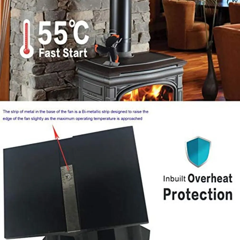 Heat Stove Fan Fireplace Fan Low Noise 4-blade Thermodynamic Stove Fan For  Wood Log Burner Fireplace
