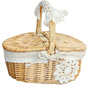 

Handmade Wicker Basket Camping Picnic Basket with Double Lids Shopping Storage Basket with Cloth Lining