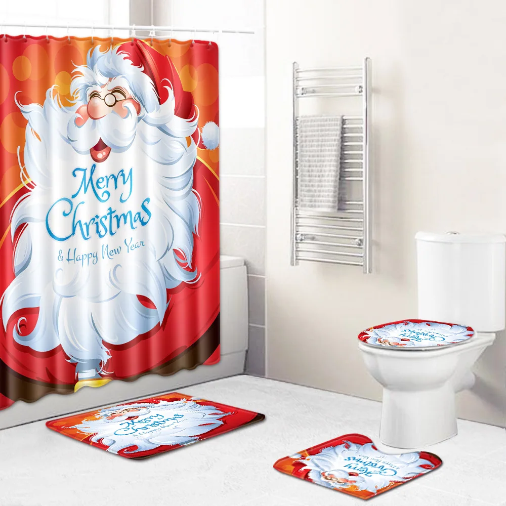 

Shower Curtain/Bath Mat/Toilet Pad Set Santa Claus Tree Pattern Anti-slip Toilet Carpet Flannel Bath Mat Christmas Decor 4 Pcs