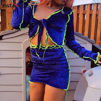 

InstaHot women velvet two piece skirt set full sleeve splice bandage autumn women crop top and skirt female casual 2 piece set