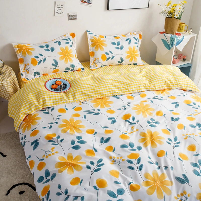 Yellow Floral Bedding Set Luxury Flowers Duvet Cover Pillowcase Set Lucky  Clovers And Plaid Flat Bed Sheet Home Textile Bed Set - Bedding Set -  AliExpress